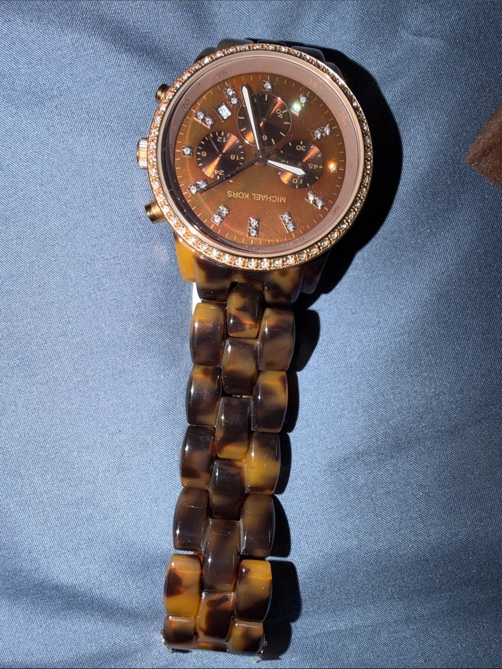 Michael Kors Gold Tone and Tortoise Shell Crystal-Accented Chronograph Watch